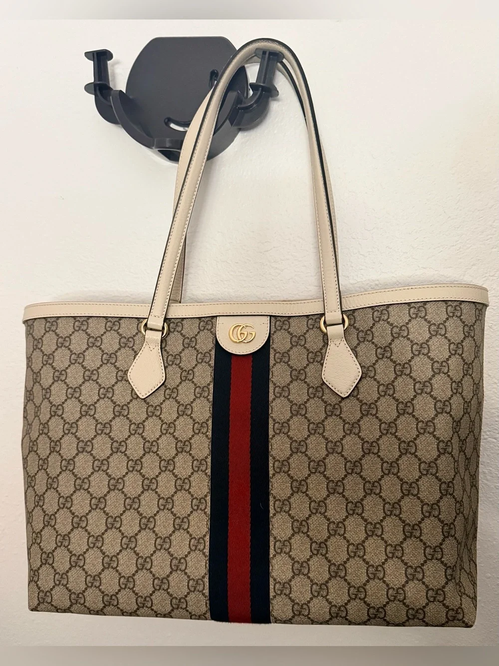 Gucci Ophidia GG Supreme Medium Web Tote Beige Canvas Ivory Leather Authentic